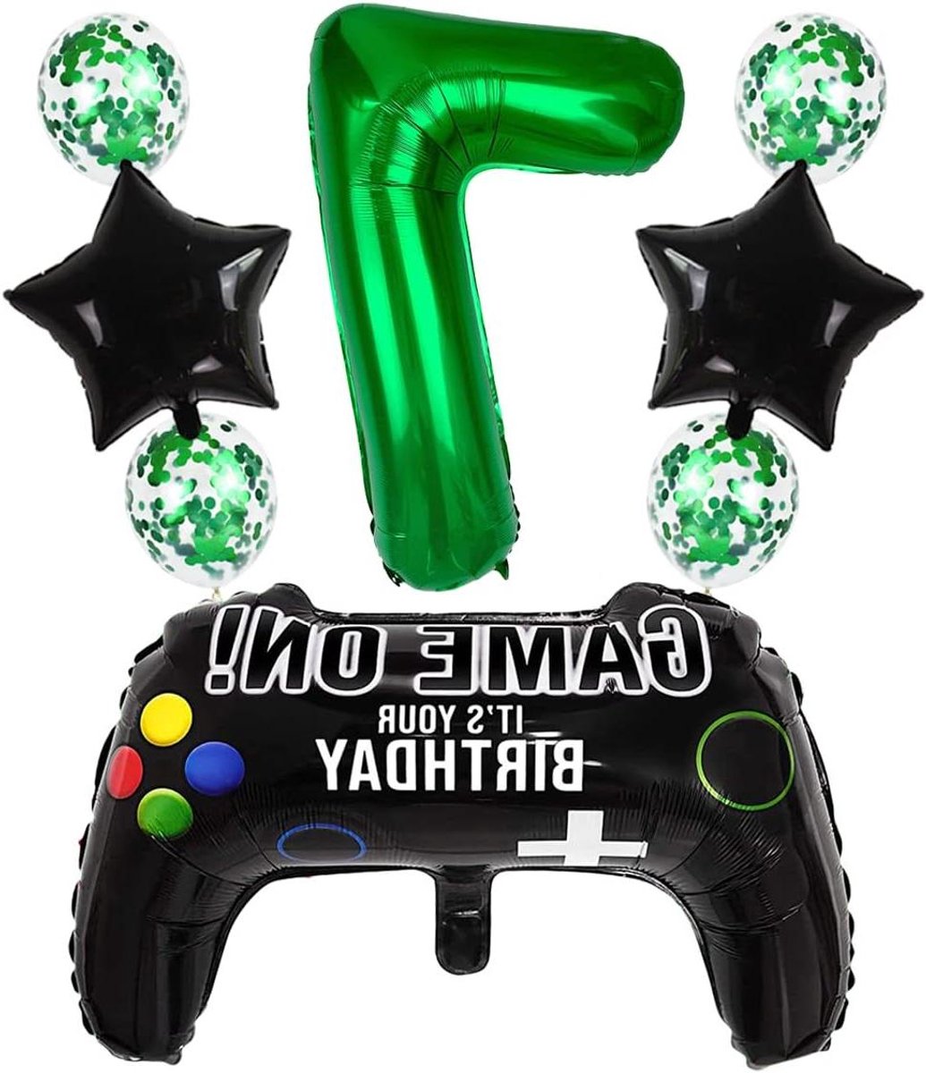 Ronte - Feestelijke decoratie set voor 7e verjaardag jongens - groene folieballon, grote gamecontroller ballon, ster ballon
