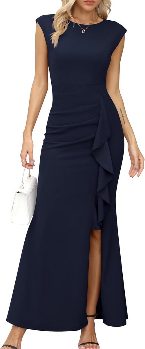 Dames Maxi Baljurk met Vleugelmouwen en Ruches | Elegante Avondjurk met Zijsplit voor Feesten & Bruiloften