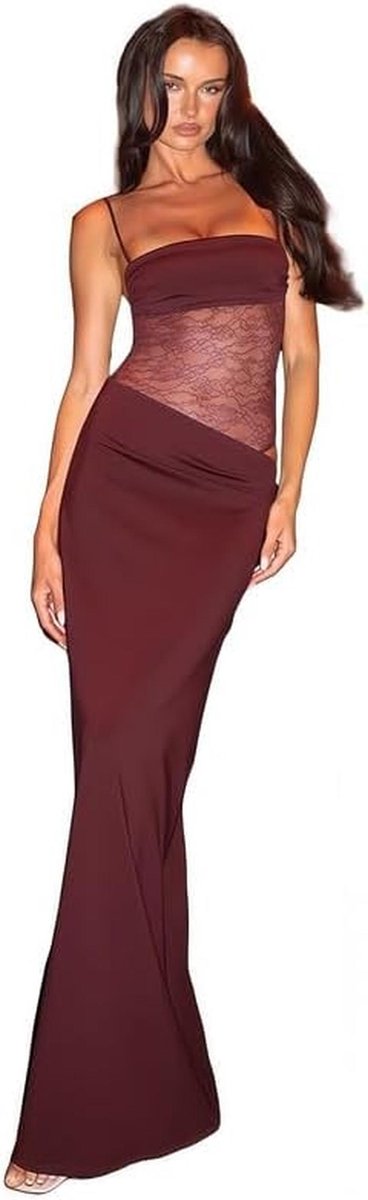 Dames Maxi-jurk Kant Patchwork met Spaghettibandjes en Blote Rug - Sexy Avondjurk voor Feesten en Ceremonie