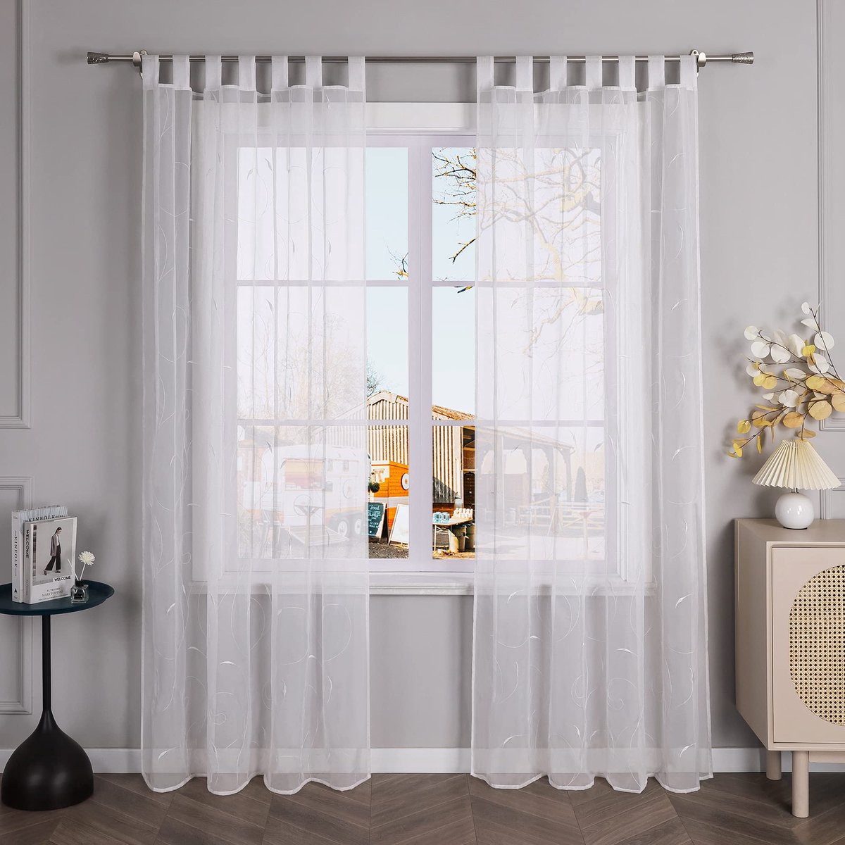 Ibenzoa Elegante geborduurde gordijn met bladerenpatroon en lussen 140x175 cm wit White