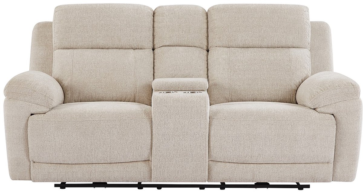 Vente-unique Elektrische relax-tweezitsbank met plankje van beige gechineerde stof KELUNO