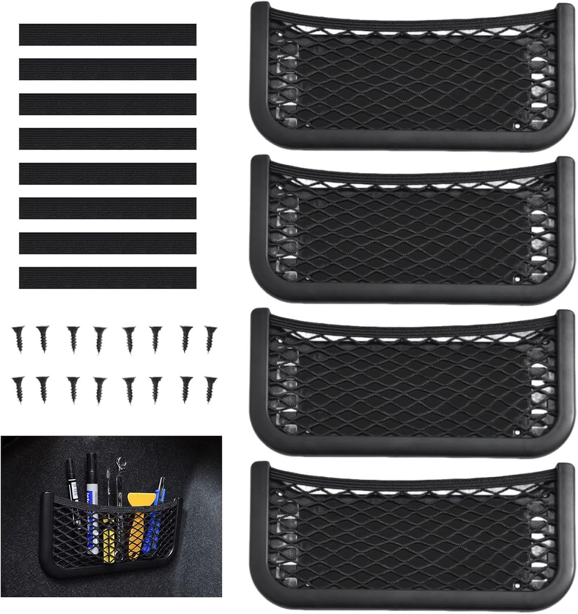 Famanu - Set van 4 universele auto-opbergnetten 26x12 cm met elastiek en schroeven – Zwart