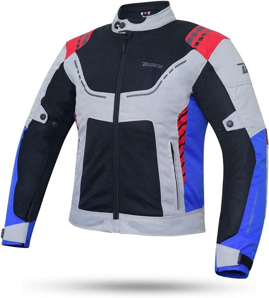 Gekleurde motorjas met zwart, grijs, rood en blauw. Mesh panelen en reflecterende details.