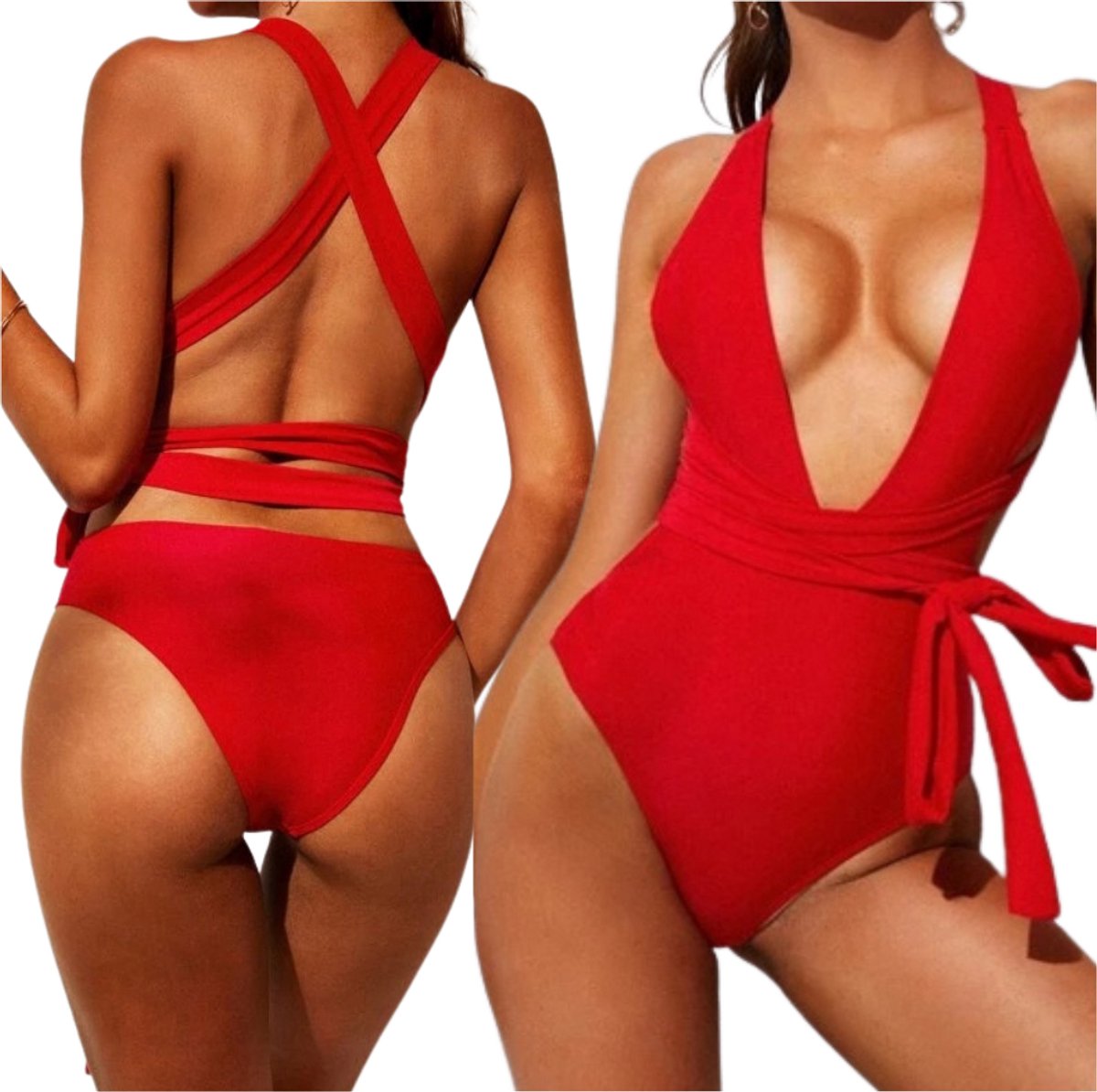Sapphire Monokini - Rood - Diepe Halslijn - Strikdetail - Verstevigde Cups