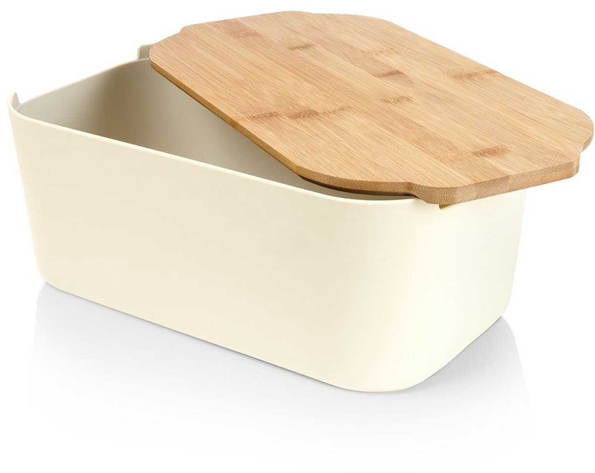Broodtrommel met houten plank, broodmand, broodbox, broodtrommel, crème, 33 x 18,5 x 12 cm