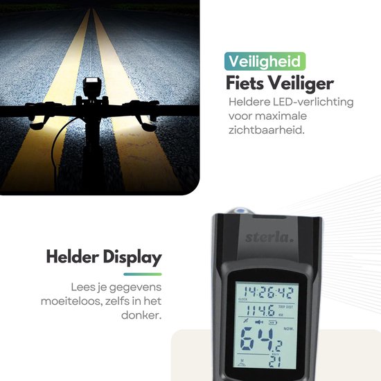 Fietser in silhouet op een donkere weg met heldere voorlamp die de weg verlicht. Fietscomputer display toont "64.2 KM/U".