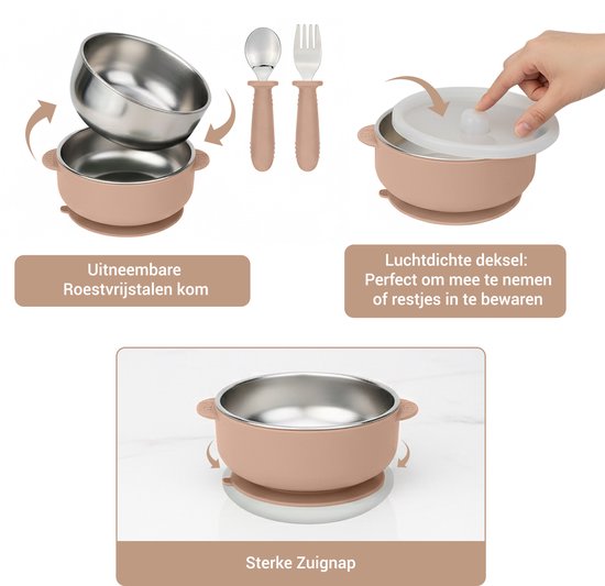 BIMOU - 11-delig set - Kinderservies - RVS - roze - Kinderbestek - BPA-vrij - Met Slab, Bord, Bestek, Drinkbeker - Vanaf 6 Maanden - Kraamcadeau van BIMOU — afbeelding 3