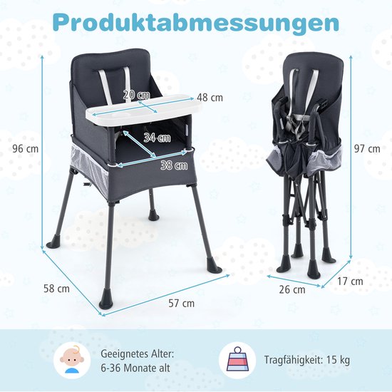 COSTWAY Kinderstoel voor baby's, inklapbaar, kinderstoel met verstelbaar dienblad, opbergtas en veiligheidsgordel, babystoel met draagtas, babystoel voor baby's van 6-36 maanden van Merkloos — afbeelding 3