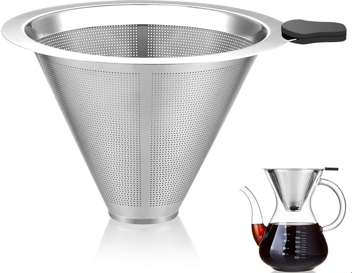 Koffiefilter - Draagbaar koffiefilter - Koffiefilter voor het overgieten - Dubbellaags fijnmazig roestvrijstalen koffiefilter - Conisch koffiefilter - 800 mesh - Herbruikbaar - Geschikt voor het handmatig zetten van 1-2 kopjes koffie - Zilver