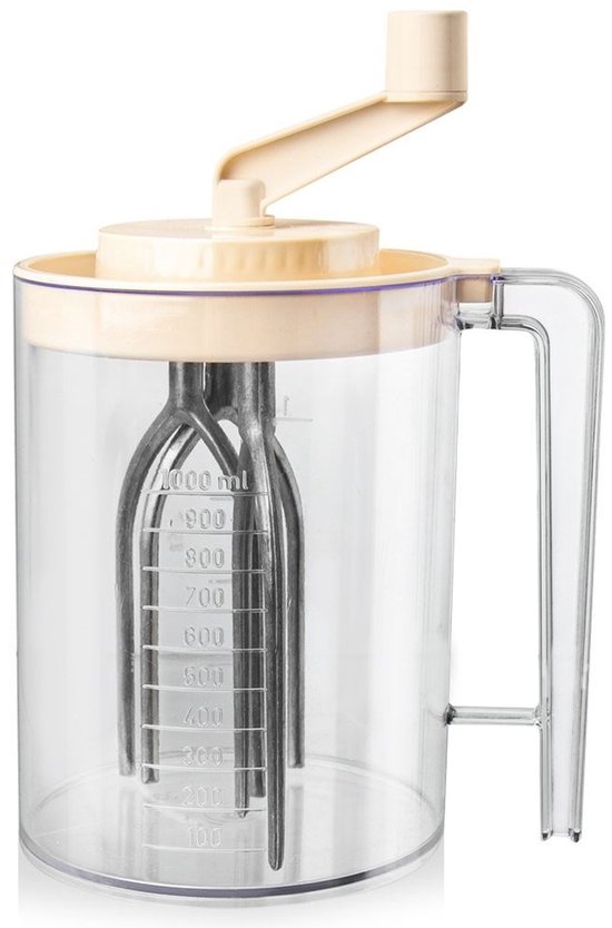 Batteur à pâte transparent avec couvercle et poignée crème, avec batteurs métalliques à l'intérieur.