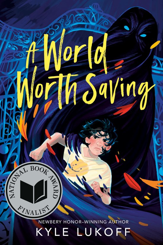 Boekcover 'A World Worth Saving' met een jongen die rent, een grote donkere figuur en een 'National Book Award Finalist'-medaille.