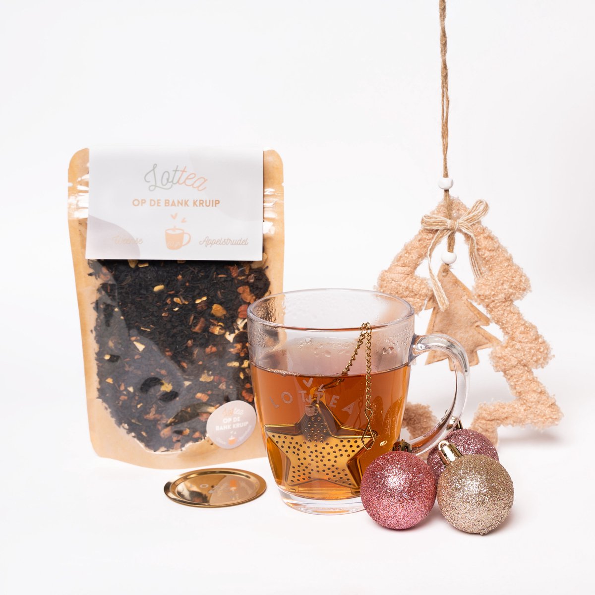Lottea Giftset Kerstgeschenkje ‘Op de Bank Kruip’, kerstgeschenk, kerstcadeautjes klein, kerstthee, thee, theezeef, theecadeau