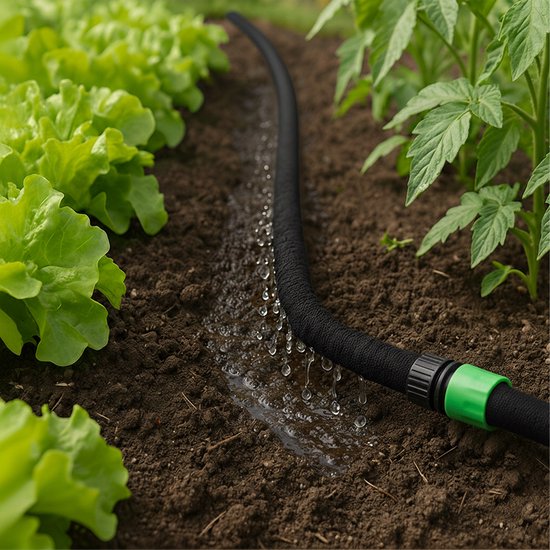 Zwarte tuinslang sproeit water op aarde tussen plantjes sla en tomaten.