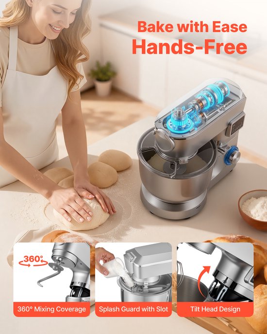Standmixer met Een Capaciteit van 5,7 L, 1500 W Elektrische Keukenmixer, 6+P Snelheden, Kantelbaar Ontwerp, Inclusief 1,5 L Blenderbeker, Roestvrijstalen Kom, Deeghaak, Garde en Klopper voor Bakken en Mixen, Zilver van Merkloos — afbeelding 3