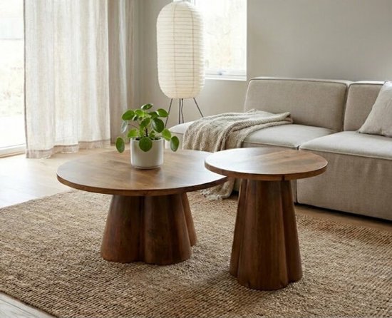 Table basse ronde Alan, lot de 2, bois de manguier - Noyer