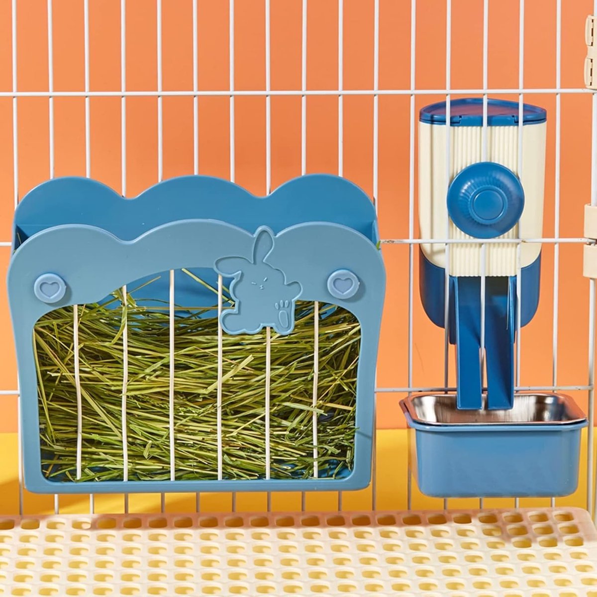 3-in-1 Voerhouder Set – Voeder- en Kooi Hangende Trechter – Hooi Rack voor Konijn, Cavia, Chinchilla (Blauw)
