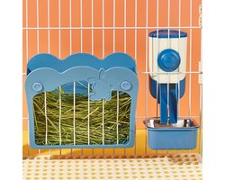 3-in-1 Voerhouder Set - Voeder- en Kooi Hangende Trechter - Hooi Rack voor Konijn, Cavia, Chinchilla (Blauw)