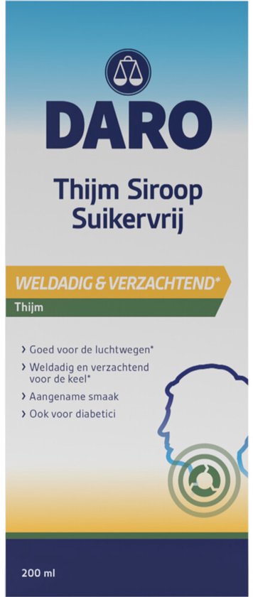 Doosje Daro Thijm Siroop Suikervrij, 200 ml. Met afbeelding van een hoofdprofiel met keel.
