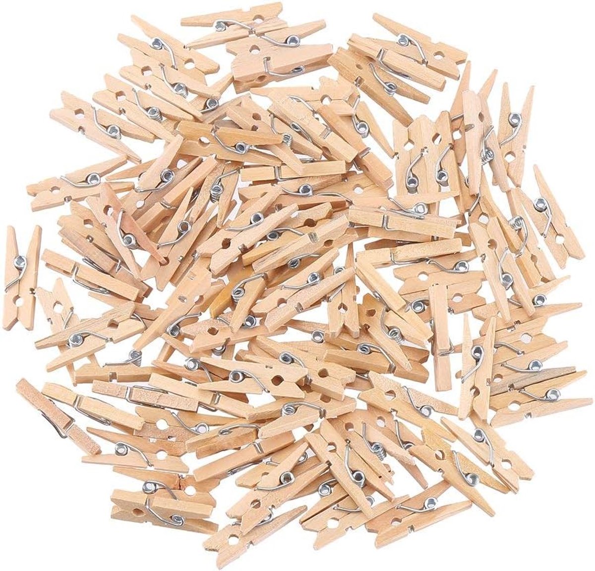 JeiibrZui Mini houten wasknijpers - natuurlijk hout en roestvrijstalen veertjes - 100 stuks - knutsel- en decoratieartikelen, natuurlijke houtkleur