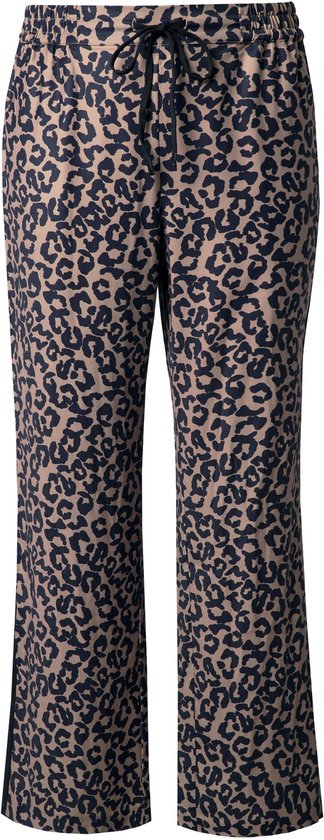 Lichtbruine broek met zwart luipaardprint, wijde pijpen, elastische tailleband met strikkoord.