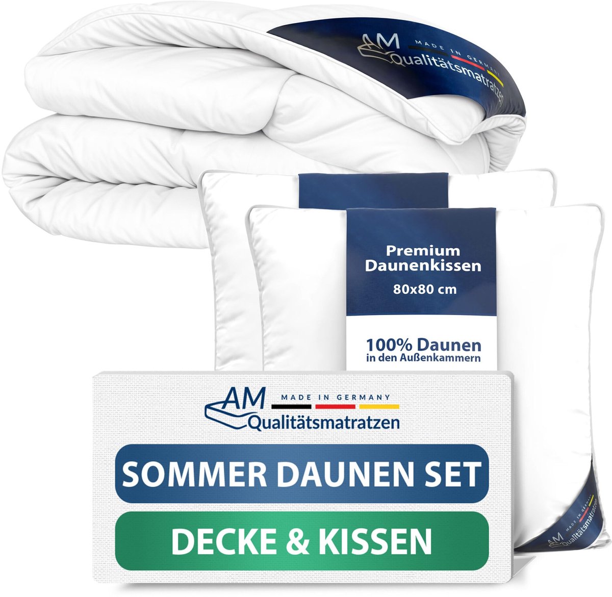 AM Qualitätsmatratzen Premium Donzen Zomerdekbed 200x200 Set met Kussen 80x80 - Made in Germany & OEKO-TEX gecertificeerd & Allergievriendelijk Dekbed en Kussenset 200x200 met Donzen Vulling