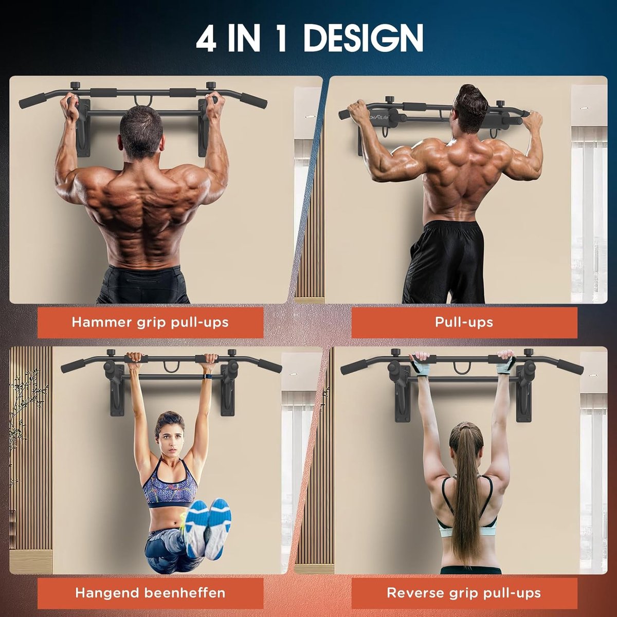 DH FitLife 4-in-1 optrekstang voor wandmontage met spreidplug, multifunctionele pull-up bar voor thuis tot 200 kg | 6 antislip handgrepen | 3 ogen voor bokszak & slingtrainer | veilig en stabiel thumbnail 3