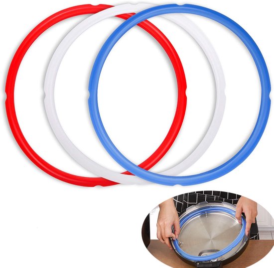 Een rode, een witte en een blauwe ring liggen op elkaar. Een inset toont handen die een blauwe ring plaatsen.