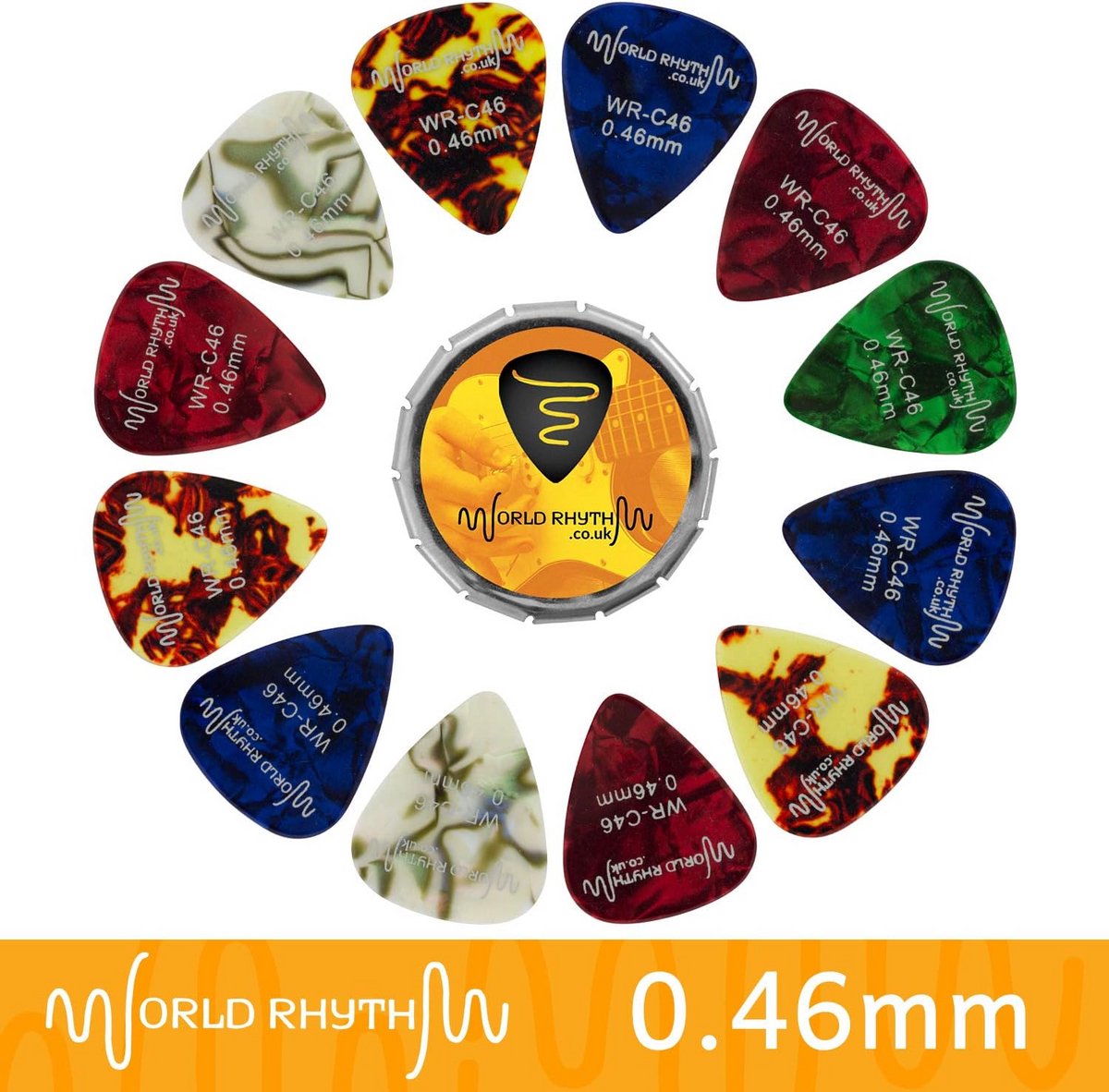 Gitaar Picks 0.46mm - 12 Celluloid Plectrums met Opslag Tin in Diverse Kleuren