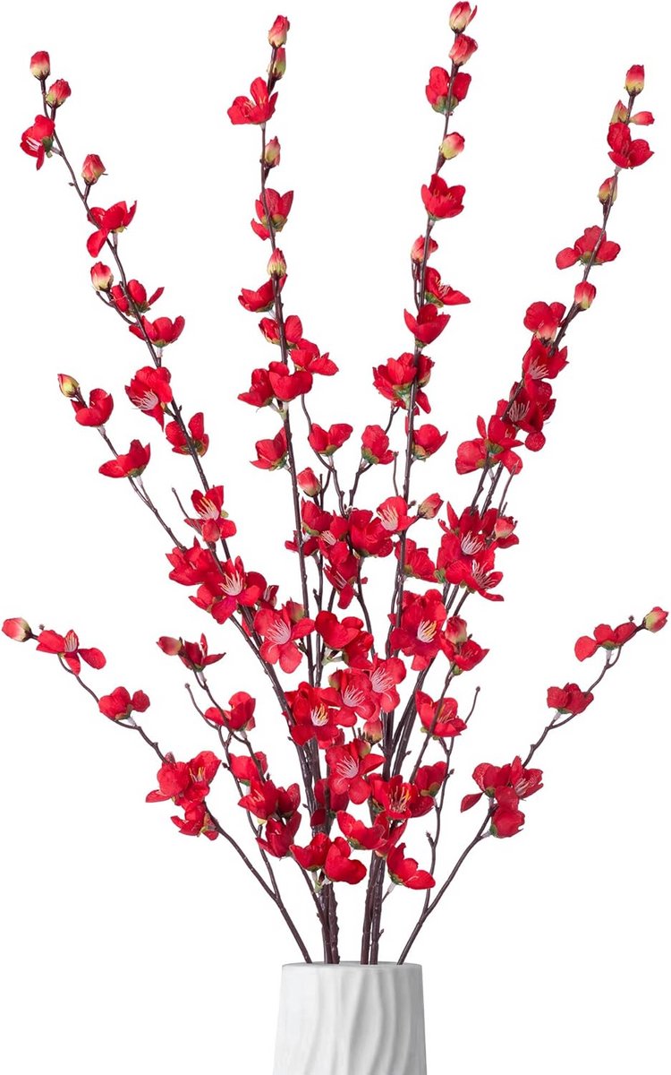 Kunstplanten Bloemen voor Binnen - 4 Bundels Faux Zijde Pruimenbloesem en Kersenbloesem Ta
