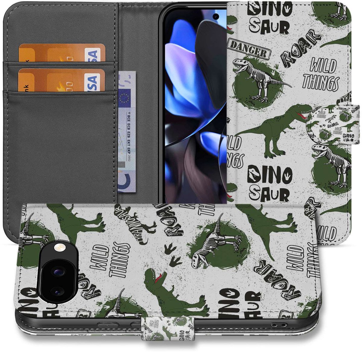 Google Pixel 9a Book Case En Portemonnee Hoesje Dino Print Met Pasjes Telefoonhoesje