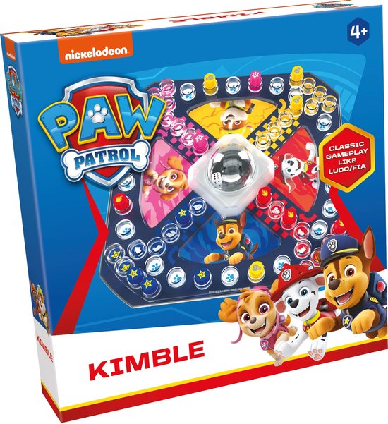 Paw Patrol Kimble bordspel met 4 speelvelden in geel, roze, rood en blauw. Inclusief spelerspoppetjes en een Pop-o-Matic dobbelbeker.
