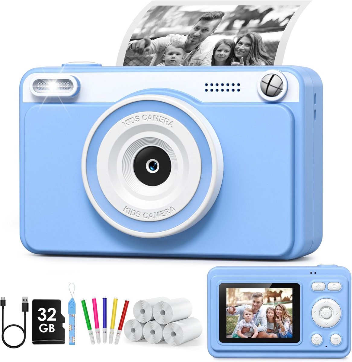 Instant kindercamera voor kinderen met 2,4 inch scherm en 32 GB geheugenkaart, direct afdrukken, cadeau voor 3-12 jaar