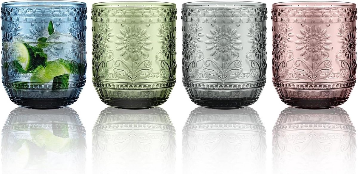 Kleurige Drinkglazen Set van 4 - Moderne Bloemendesign 360ml Vaatwasmachinebestendig
