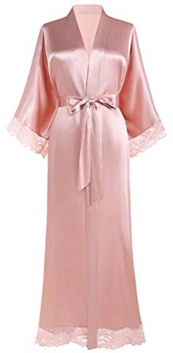Elegante Lange Kimono Ochtendjas voor Dames - Roze Satijnen Badjas