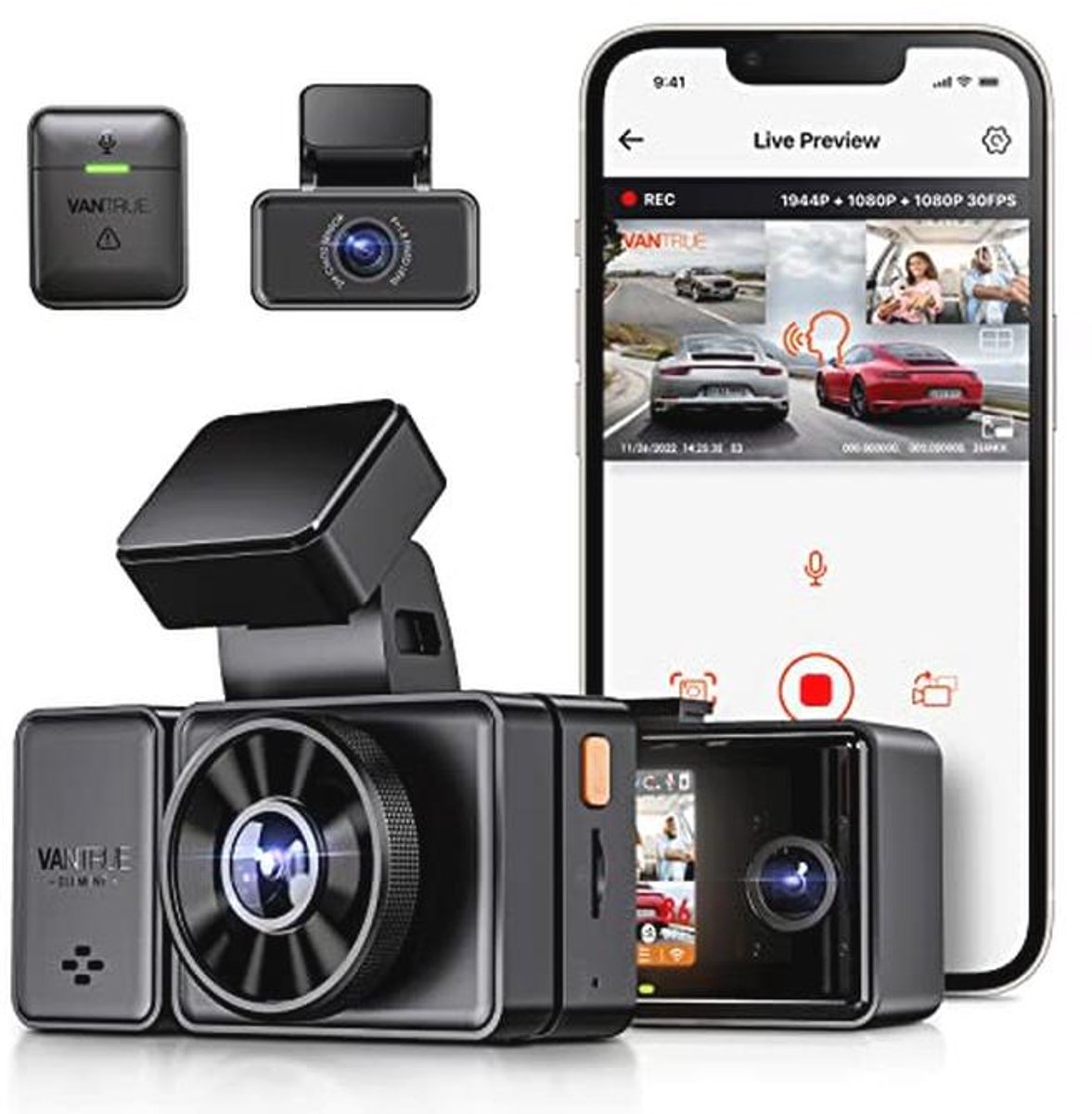 VANTRUE E3 3 Lens Dashcam 5GHz WiFi with Voice Control, 1944P + Dual 1080P Front Rear Car Camera with GPS, IR Night Vision, 24 Hours Parking Monitoring Car Camera Truck Car, Max 512G
