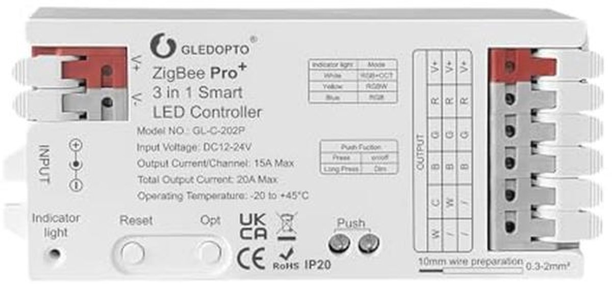 Ledcontroller 3-in-1 voor ZigBee | 20A, Max 15A per kanaal | RGBCCT RGBW RGB Dimmer | Geschikt voor Smart Home