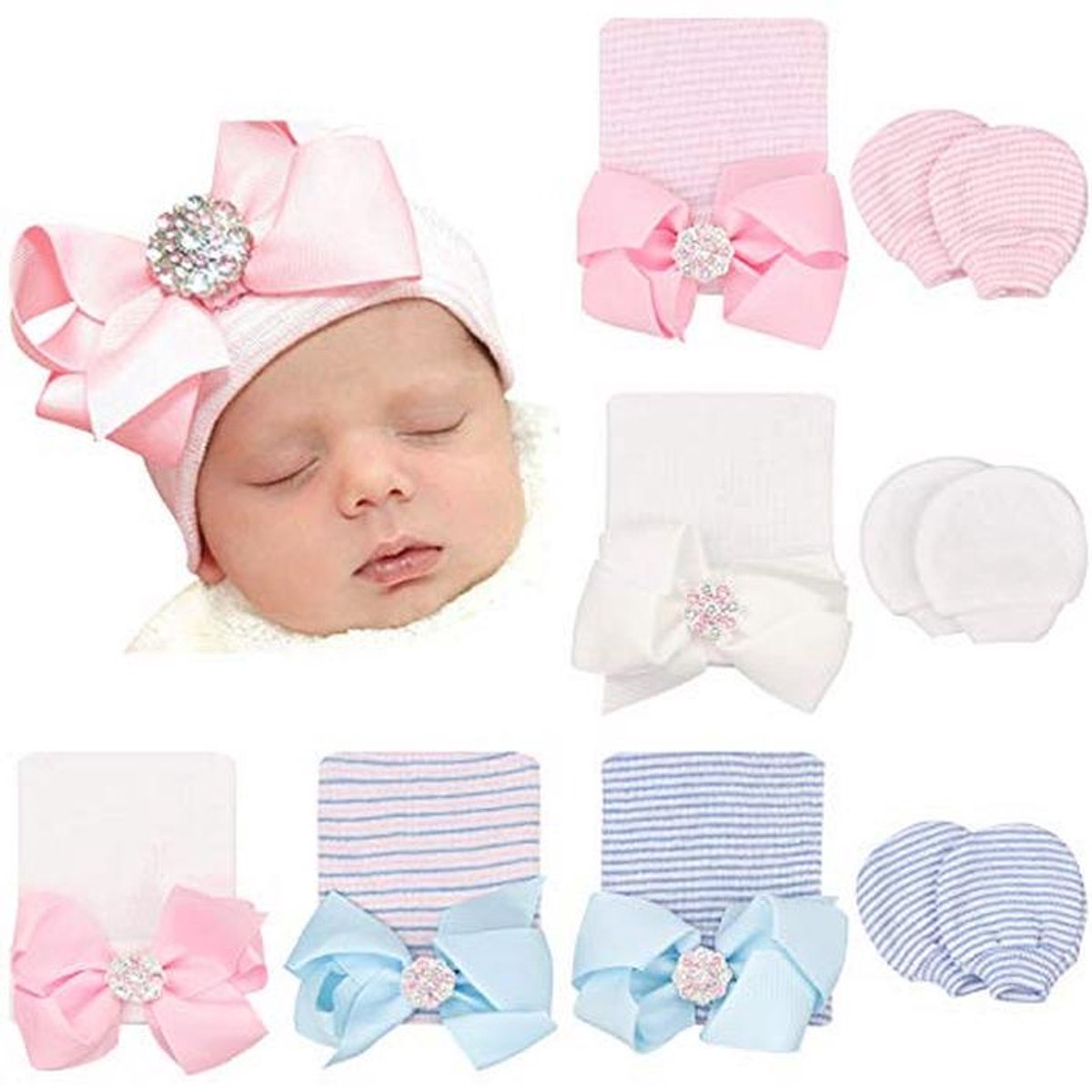 Geboorte Muts en Wanten Set voor Baby's, 5 Mutsjes en 3 Paar Wanten, Geschikt voor Jongens en Meisjes, 0-3 Maanden