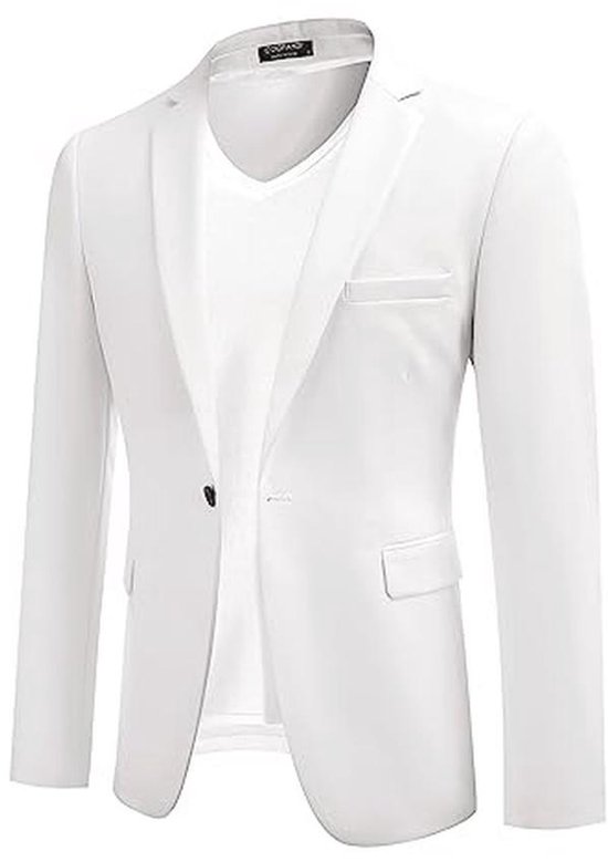 Witte blazer voor heren met één knoop, gedragen over een wit T-shirt.