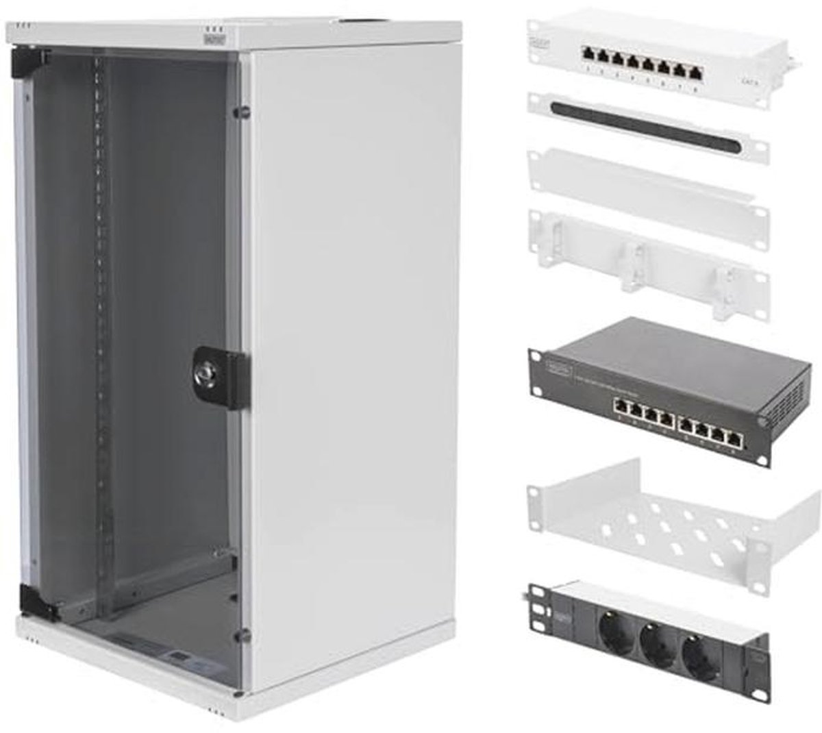 10 Inch Netwerkkast Set - Plank, Contactdoosstrip, Patchpaneel en Switch voor Efficiënt Netwerkbeheer