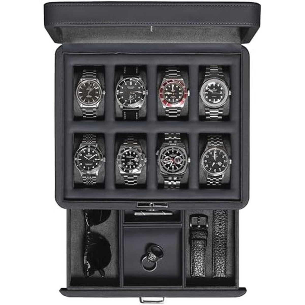 Luxe horlogebox voor 8 horloges met echt glazen deksel en accessoireslade - Carbon