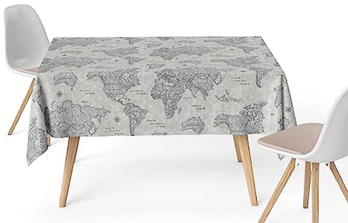 Tafelkleed Wereldkaart Grijs 140 x 140 cm - Vlekafstotend en Waterdicht