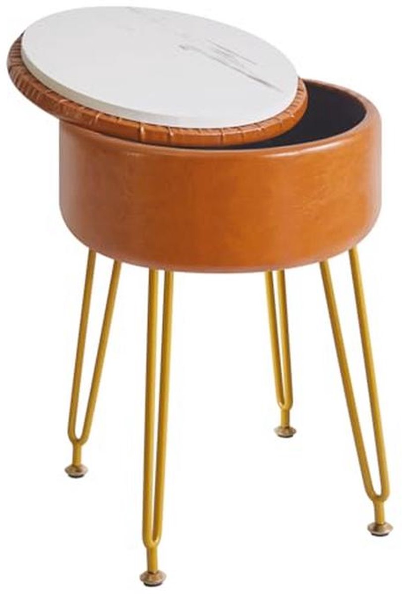 Ronde Kunstlederen Voetsteun Kruk met Opslag - Make-up Vanity Stoel en Bijzettafel - Lichtbruin