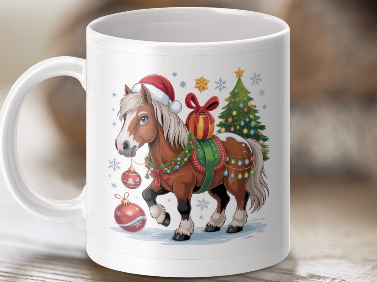 Mok Kerstpaard mok, feestdagen mok, pony met kerstmuts mok, kerstboom mok, grappige kerstmok, cadeau mok, vakantie mok, mok