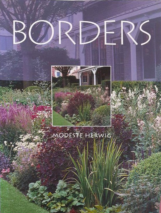 Boek 'Borders' met een foto van een kleurrijke tuin vol bloemen in paars, roze, wit en groen.
