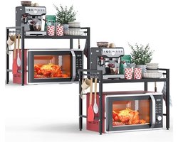 NETEL 2 stuks uittrekbaar magnetronrek met 2 niveaus, ruimtebesparend, rek voor luchtfriteuse, keukenrek, organizer voor keuken met 8 haken, zwart