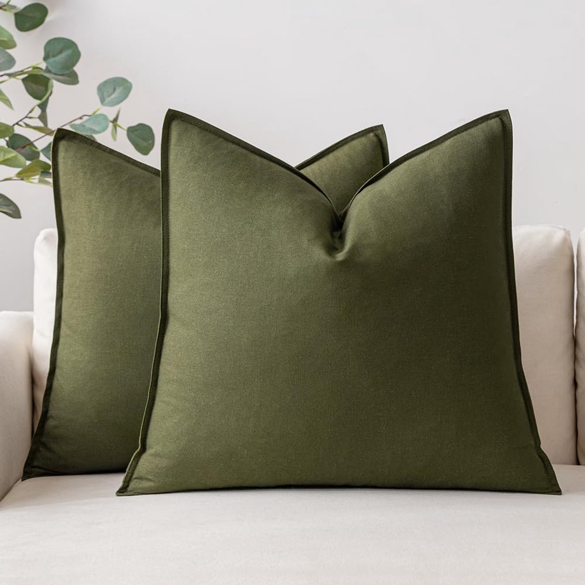 Famanu Kussensloop, sierkussen, linnen, katoen, decoratieve kussenslopen, wasbaar, bankkussens met verborgen ritssluiting, voor woonkamer, slaapkamer, bank, set van 2, 50 x 50 cm, olijfgroen