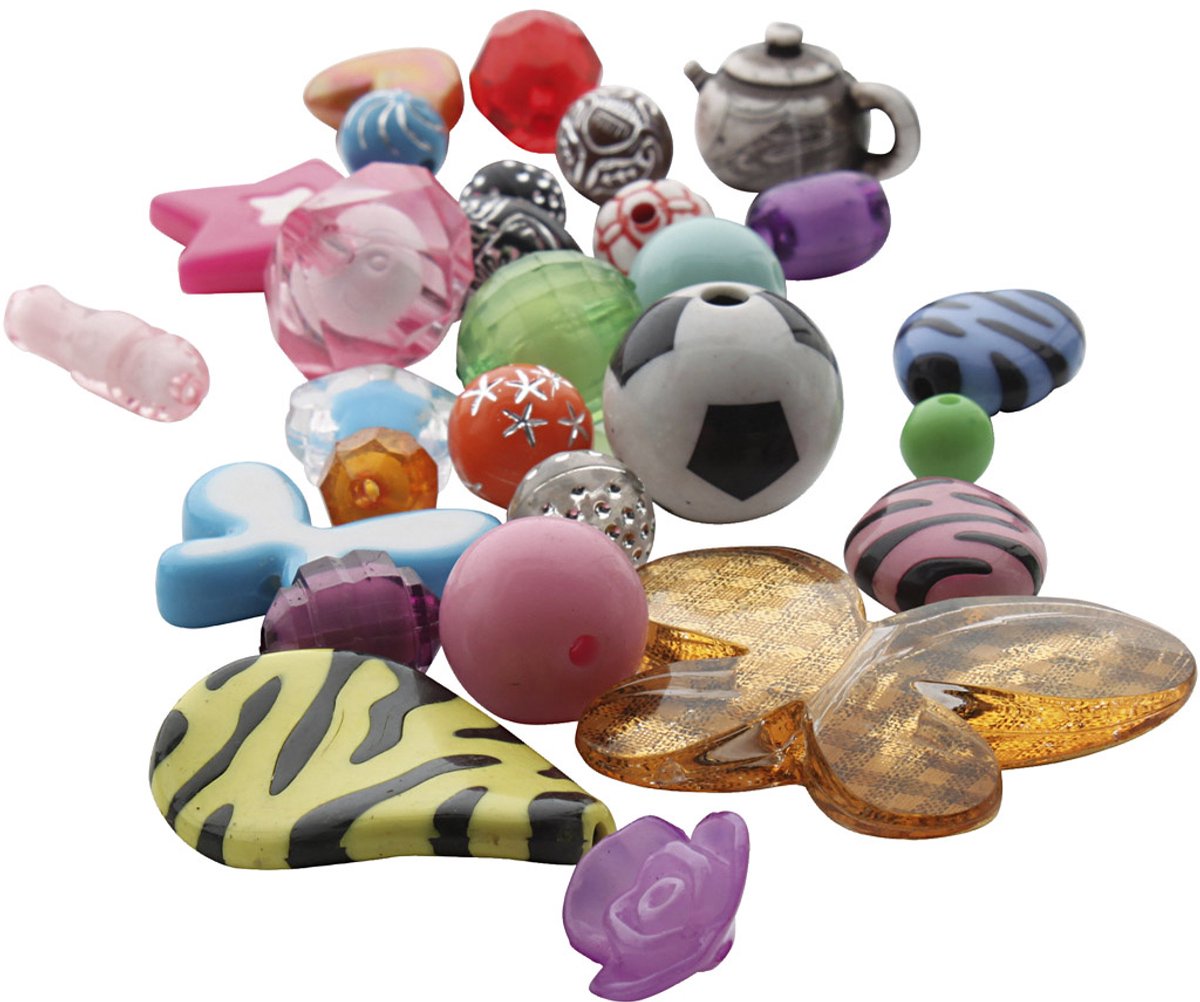 Fantasie kunststof kralenmix, afm 5-35 mm, gatgrootte 1-4 mm, 1000 gr/ 1 doos