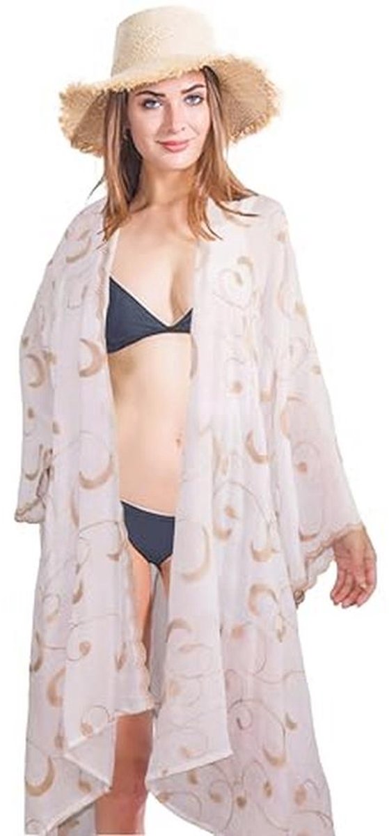 Dames Katoenen Geborduurde Bloemen Kimono Strand Kaftan