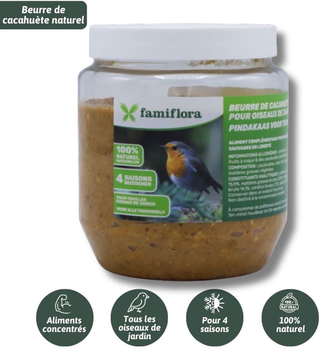Famiflora pindakaas voor tuinvogels natuur - 350 gr - Vogelpindakaas - Geschikt voor alle tuinvogels zodat ze energieker door de winter komen