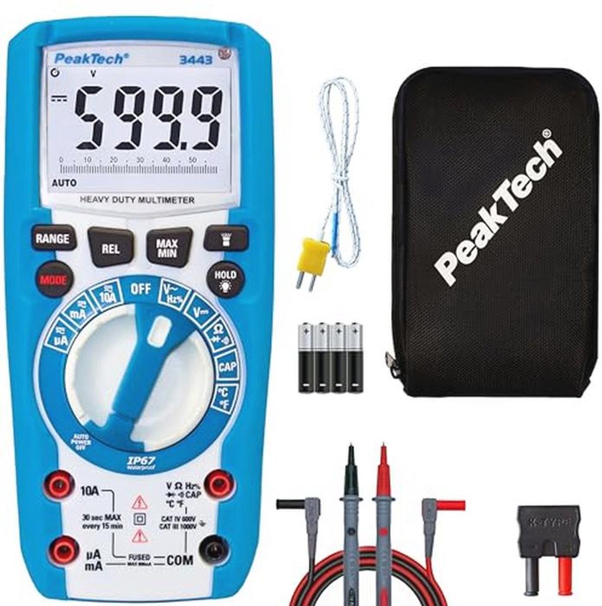 Digitale Multimeter met LED-lamp en IP67 Waterdicht – 6000 Counts, Robuuste Handmultimeter voor Spanningsmeting en Doorgangstest
